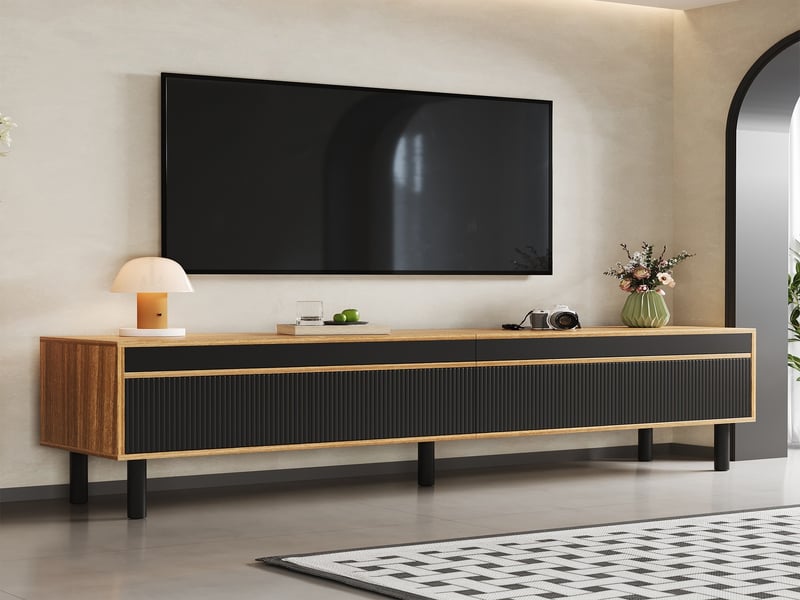  Meuble tv 170 cm noir et bois avec 4 portes rayées et pieds en bois massif  - Conforama B