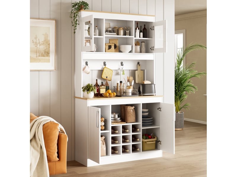  Buffet de cuisine 106x39x175 cm, portes en verre, casier à bouteilles, pour cuisine, salon, aggloméré, blanc et naturel  - Conforama B