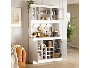 Buffet de cuisine 106x39x175 cm, portes en verre, casier à bouteilles, pour cuisine, salon, aggloméré, blanc et naturel