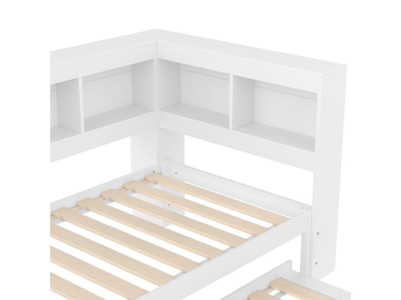  Lit banquette 90x200 avec lit gigogne extensible, ports usb et rangements, structure en bois, blanc  - Conforama R