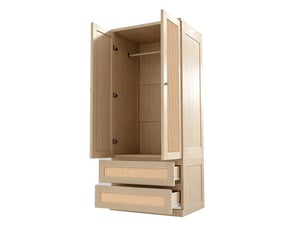 Armoire avec 2 portes, 2 tiroirs et compartiment, portes aspect rotin, pour chambre, finition bois, 70 × 55 × 170 cm