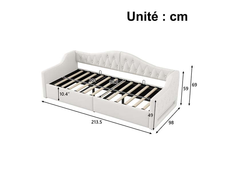  Lit gigogne 90x200 cm - lit déco avec led 7 couleurs réglables - mdf et lin - sans matelas - beige  - Conforama C