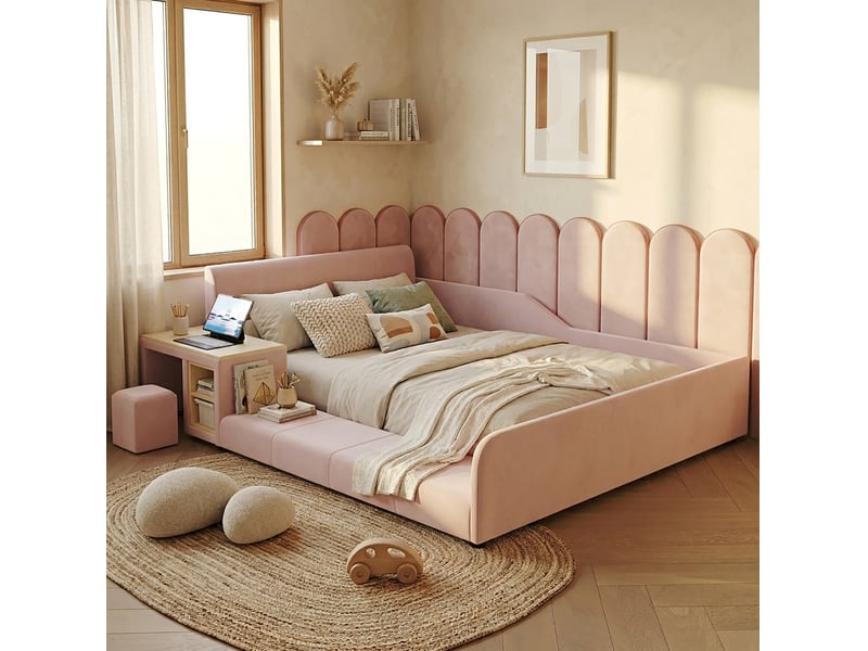  Lit enfant, 140x200 cm, espace nuit, avec bureau, tabouret, tablette, lattes, matelas non inclus, bois, coloris rose  - Conforama B