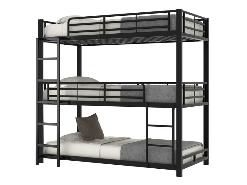  Lit superposé triple 90x200 cm, gain d'espace, structure métallique robuste, sécurité en747, coloris noir, sans matelas  - Conforama A