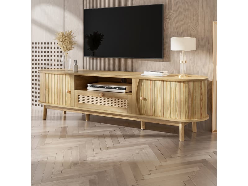  Meuble tv rotin avec portes et tiroirs mdf naturel 165cm  - Conforama E