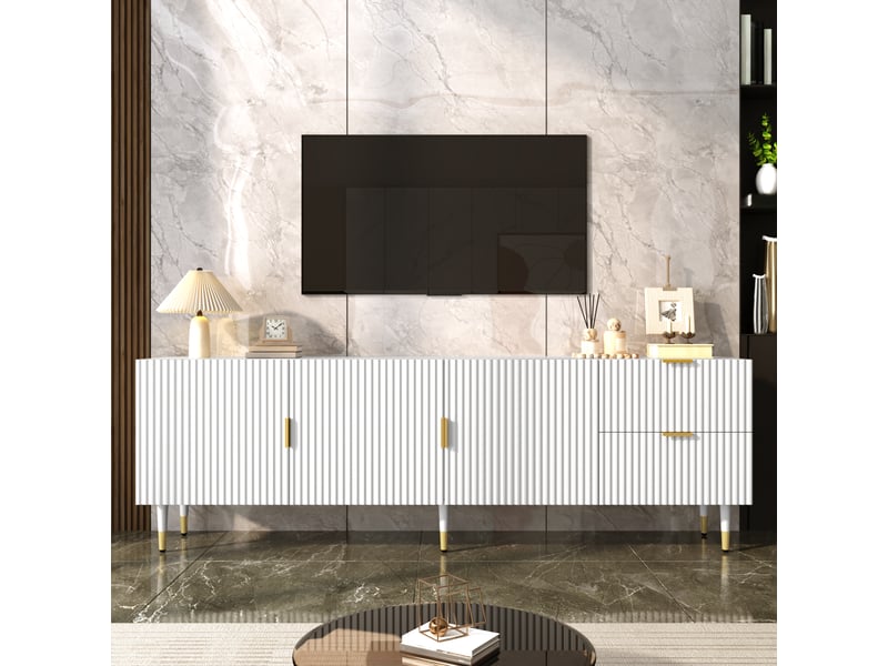 Meuble tv 3 portes, tiroirs, passe-câbles et pieds réglables - lpospi - poignées dorées, mdf blanc 170 × 35,5 × 55 cm - Conforama B