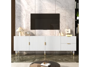 Meuble tv 3 portes, tiroirs, passe-câbles et pieds réglables - poignées dorées, mdf blanc 170 × 35,5 × 55 cm