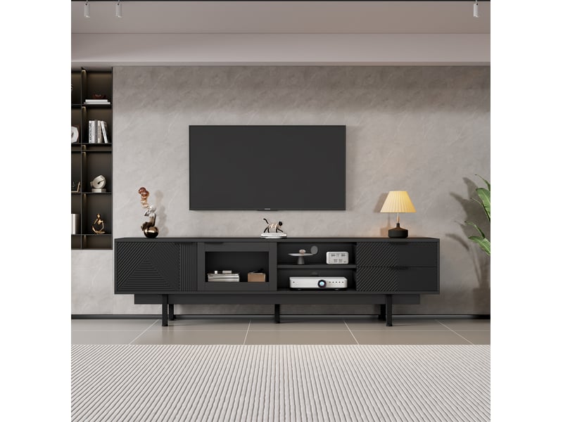  Meuble tv bas noir 200 x 40 x 50,5 cm, 2 portes, 2 tiroirs, pour tv 80 pouces  - Conforama D