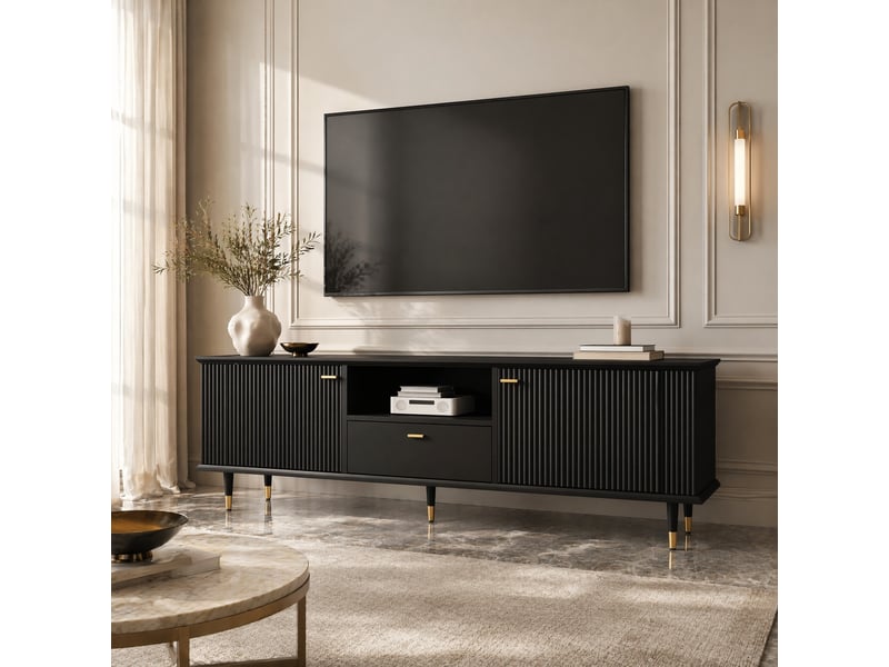  Meuble tv avec 2 portes, 1 tiroir, 1 niche ouverte et passe-câbles, fermeture douce, pour salon, 170×36×54 cm  - Conforama C