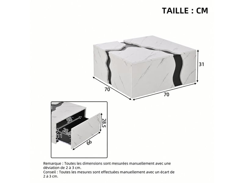  Table basse de salon avec tiroir, design géométrique, 70 x 70 cm, effet marbre blanc  - Conforama E