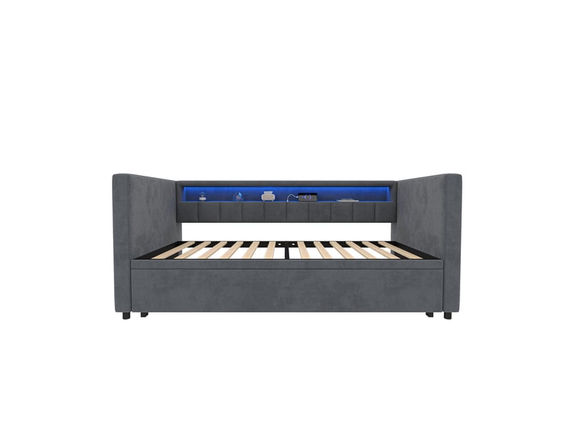 Canapé-lit convertible velours gris 90x190 cm avec led usb-c rangement multifonctionnel - Conforama A