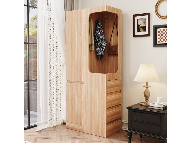 Armoire de rangement 70 x 40 x 170 cm, avec tiroirs et espaces de rangement, zone de suspension ouverte, une porte, couleur bois - Conforama B