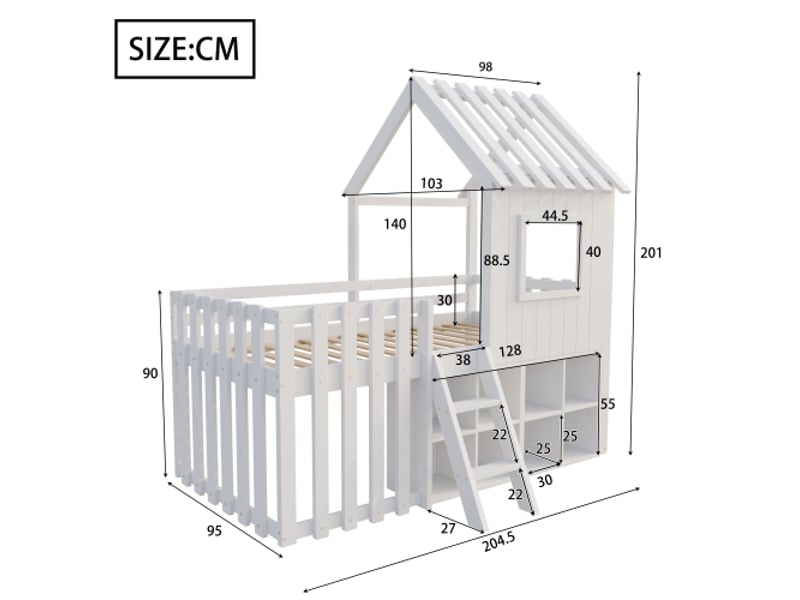 Lit cabane enfant 90x200 cm avec multiples rangements et échelle d'escalade, en bois, blanc, sans matelas - Conforama D