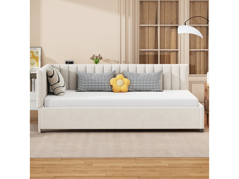  Canapé-lit enfant 90 x 200 cm avec sommier à lattes, cadre de lit 1 personne avec tete de lit rembourré, tissu velours, beige  - Conforama W
