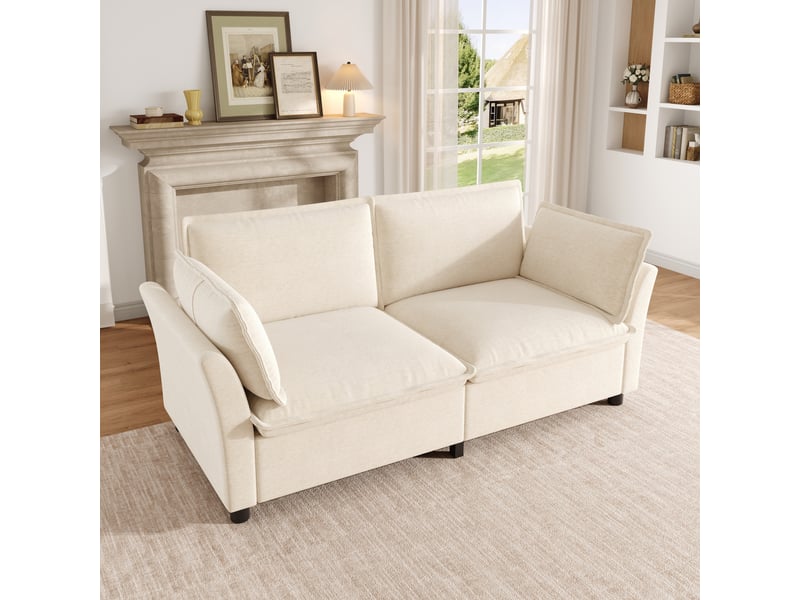Canapé 2 places en chenille beige avec coussins d'appui et led intégrée, 155 cm de large - Conforama W