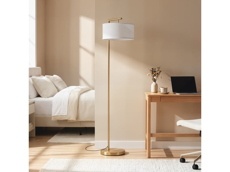  Lampadaire lampe à pied abat-jour en tissu de lin base ronde stable pour salle bureau chambre à coucher 47 x 37 x 153 cm or et blanc  - Conforama C