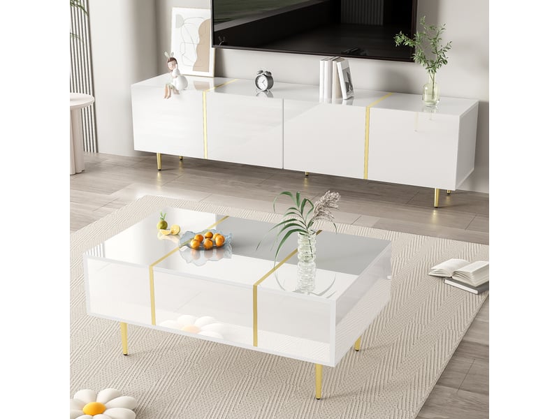  Ensemble meuble tv 4 portes et table basse 2 tiroirs pour salon en mdf blanc 170×35×46 cm  - Conforama C