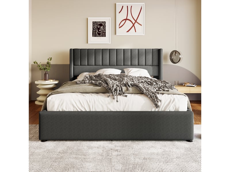  Lit coffre double 160x200 cm, sans tissu en fond, sommier à lattes, design moderne, en lin gris, matelas inclus  - Conforama B