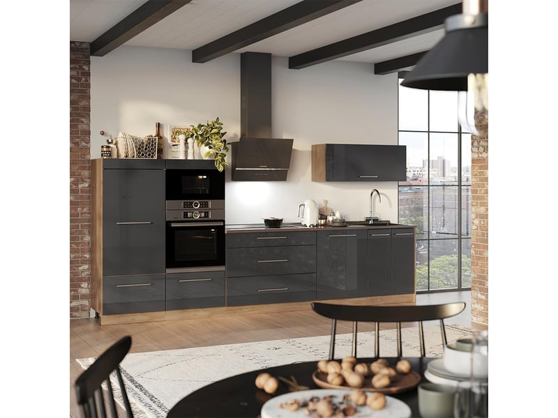  Vicco cuisine, anthracite haute brillancechêne de force doré, 340cm, pt marbre  - Conforama C