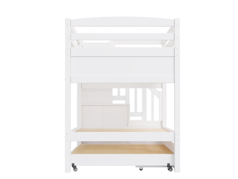  Lit superposé,90x200 cm,avec lit gigogne, escalier rangement et armoire,mdf,blanc  - Conforama E