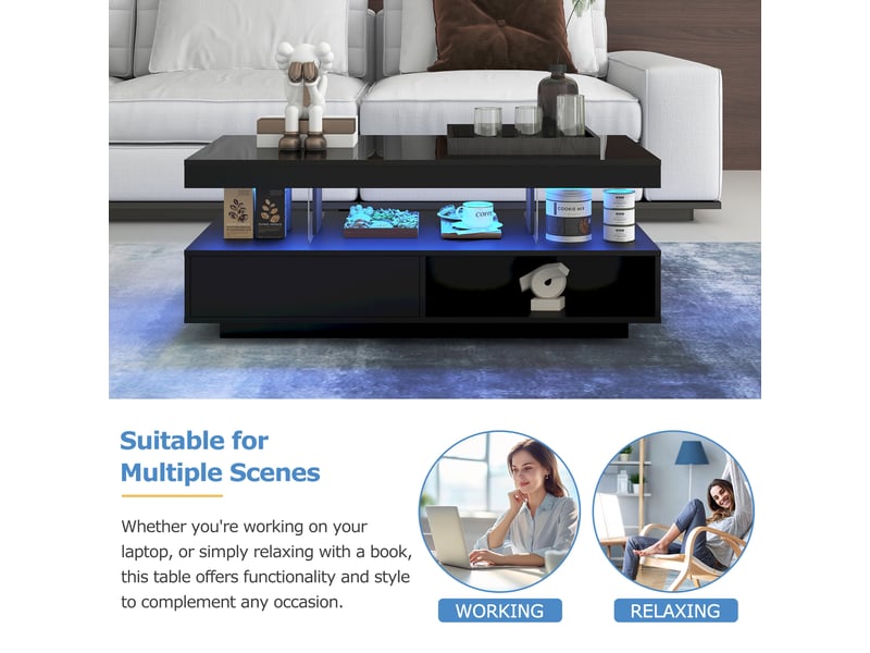 Table basse noir brillant 95×50×42,5 cm avec plateau verre, 2 tiroirs et niches – design moderne - Conforama E