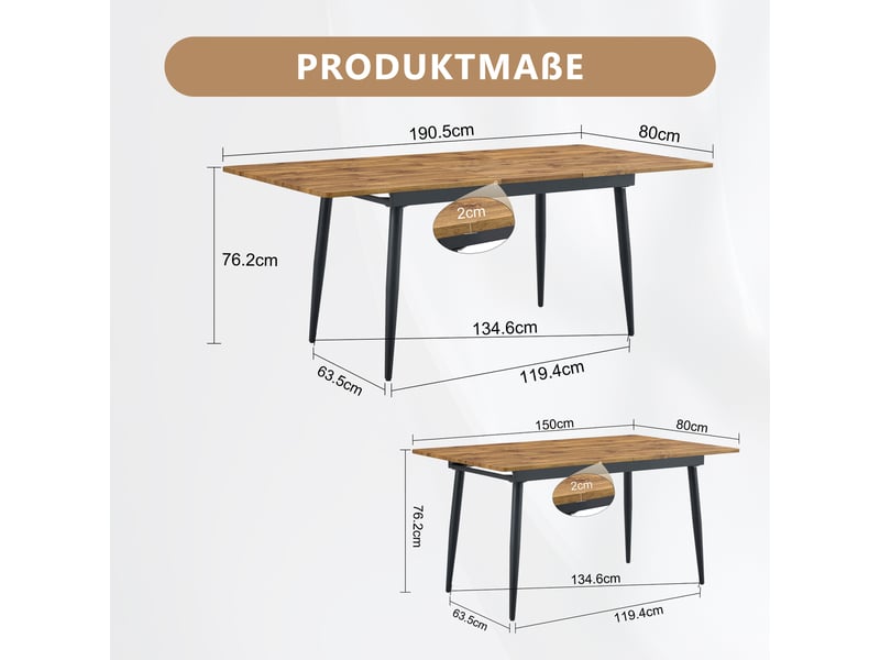  Table de salle à manger 4 à 8 personnes en mdf et métal 150 ou 190,5×80×75 cm finition bois  - Conforama E