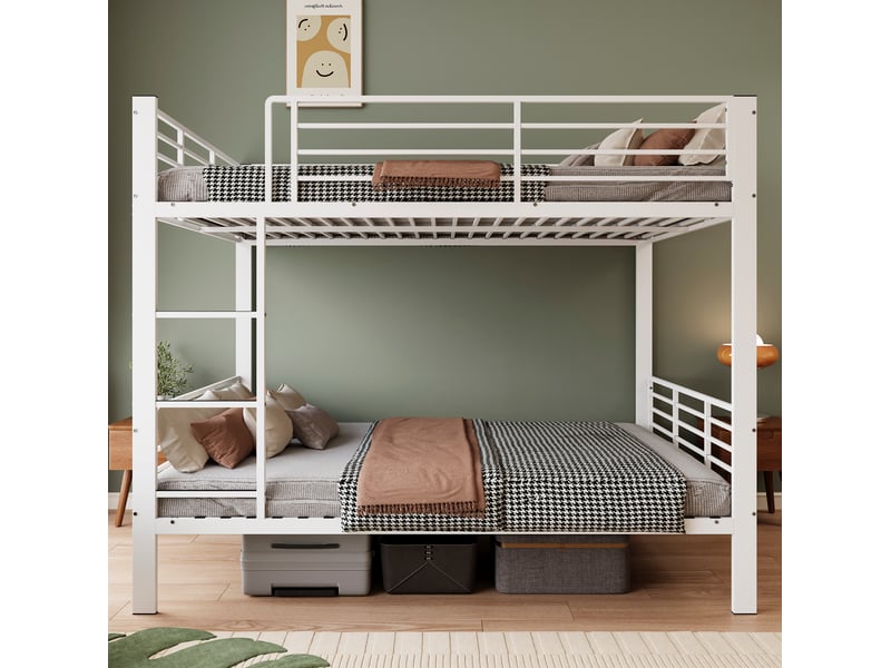  Lit superposé 140x200 cm, pour chambre, avec garde-corps, échelle et sommier à lattes, métal, blanc mat, sans matelas  - Conforama D