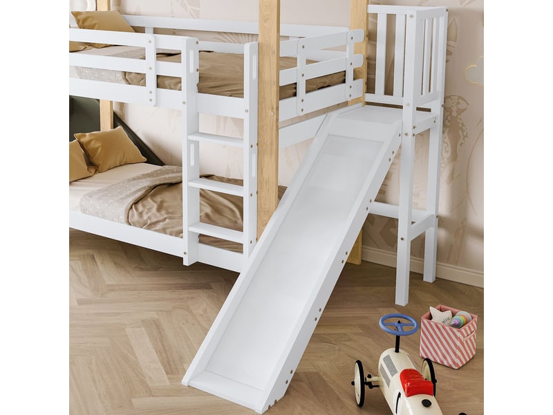  Lit superposé cabane enfant 2 x 90 x 200 cm avec toboggan blanc et naturel Fay Lum - Conforama D