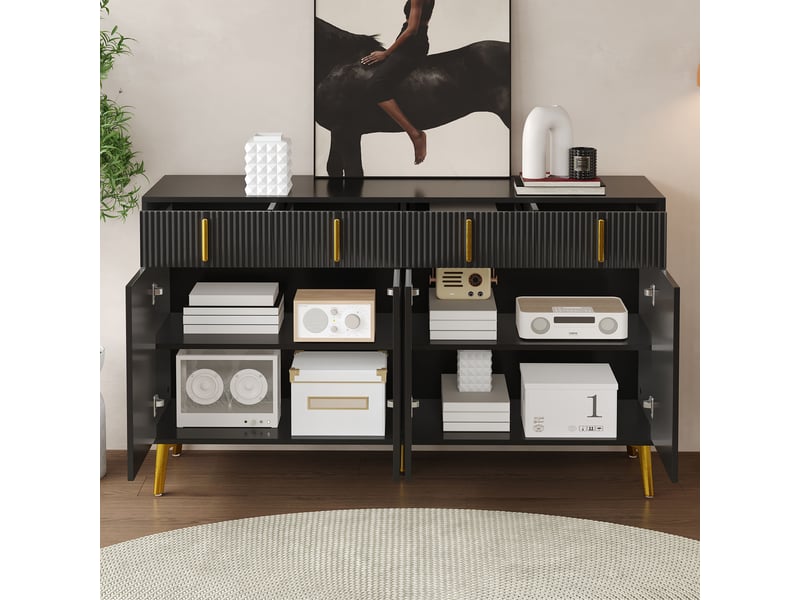  Buffet 140 x 38 x 82 cm, 4 portes, 4 tiroirs, étagère amovible, grand rangement pour salon et salle à manger, noir evarich - Conforama E