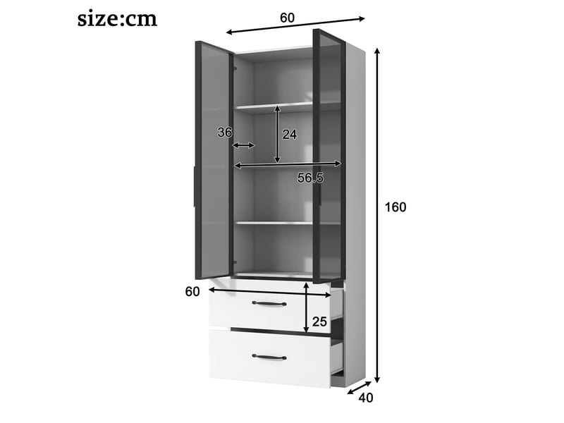  Vitrine led 60×40×160 cm - vitre de verre, bibliothèque et meuble multifonction avec éclairage et tiroirs, cadre aluminium, portes en verre trempé, charnières à fermeture douce, led multicolores  - Conforama C