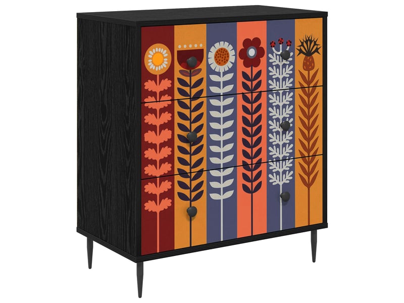  Commode chambre, meuble de rangement essen imprimé tournesol 66 x 36,5 x 76 cm chêne noir  - Conforama A