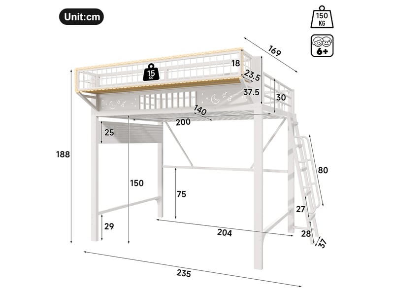  Lit mezzanine 140x200 cm en métal blanc avec rangements latéraux, espace ouvert et escalier réversible, sans matelas  - Conforama C
