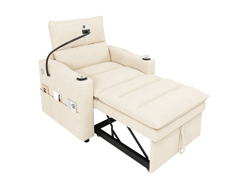 Fauteuil convertible 1 place 3-en-1 94x147 cm, couchage jusqu’à 173 cm, dossier 3 positions, usbusb-c, support téléphone 360°, chenille beige Morn Vibe - Conforama A