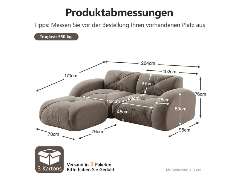  Canapé modulable 2 places avec pouf, design moderne en tissu chenille couleur taupe, structure stable et confortable pour salon contemporain  - Conforama C