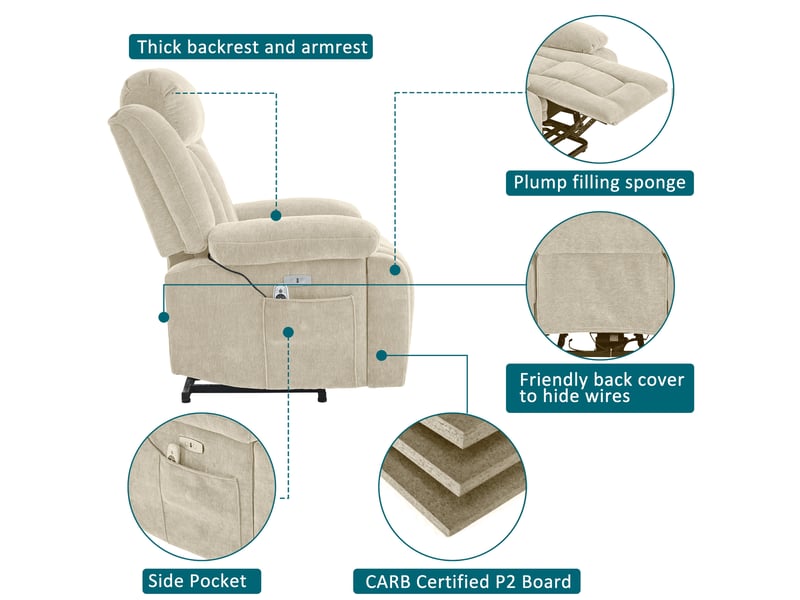 Fauteuil relax 95x94x107 cm, électrique releveur massage 8 points chauffant inclinaison usb, tissu beige - Conforama E