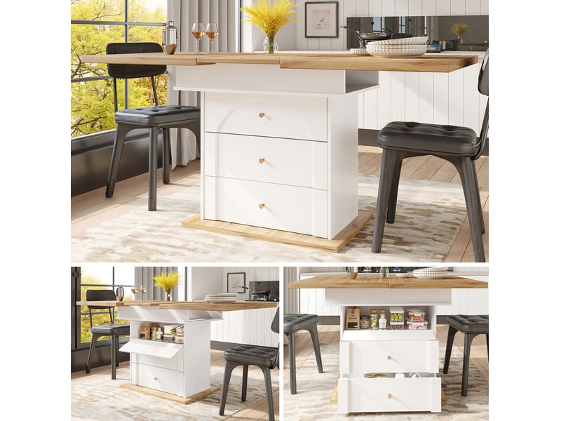  Table de salle à manger extensible, 110-140x80 cm, 4-6 places pour 4-6 personnes, repas, mdf, coloris blanc et naturel  - Conforama D