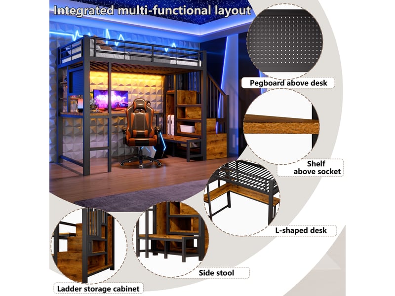 Lit mezzanine 90×200 cm avec bureau, led, usb, usb-c et rangement, métal et mdf noir sans matelas - Conforama C