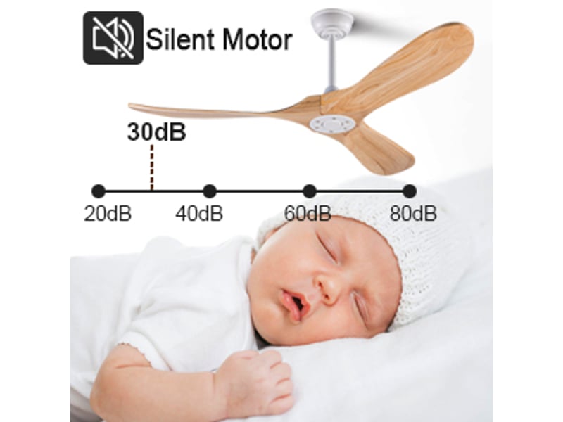  Ventilateur de plafond 132 cm sans éclairage bois massif blanc et naturel 6 vitesses télécommande silencieux minuterie et mémoire  - Conforama E