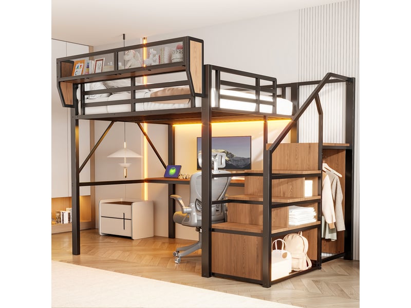  Lit surélevé 140x200 en métal noir avec led, long bureau, échelle sécurisée et rangement modulable  - Conforama E