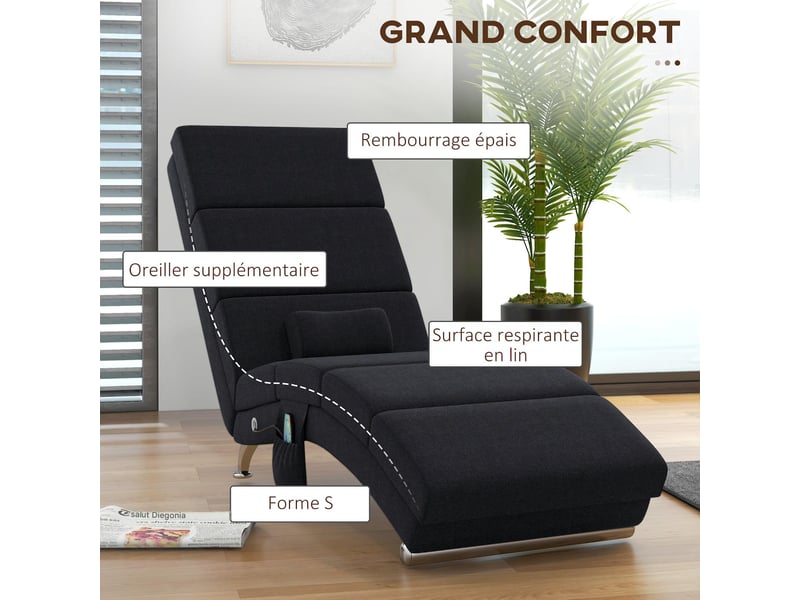 Fauteuil relax massant et chauffant en tissu noir 56x168x84 cm  - Conforama E