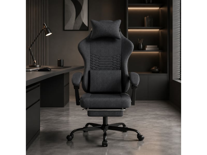  Chaise gaming en tissu noir avec repose-pieds rétractable, dossier inclinable et soutien lombaire intégré  - Conforama B