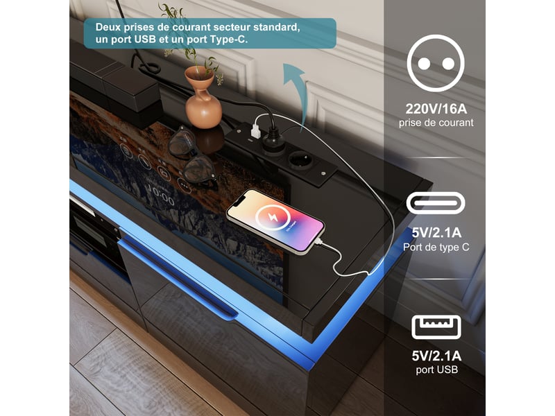  Meuble tv noir brillant 180 cm avec led rgb, multiprise usb-c intégrée, 2 tiroirs et 2 armoires, pour tv jusqu’à 75 pouces  - Conforama R