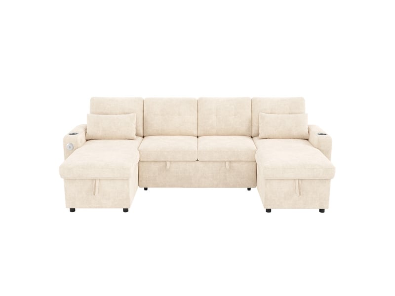 Canapé d'angle 4 places - avec rangement - avec porte-gobelet - avec port usb - avec éclairage led - beige - Conforama A