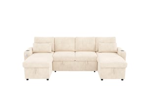 Canapé d'angle 4 places - avec rangement - avec porte-gobelet - avec port usb - avec éclairage led - beige
