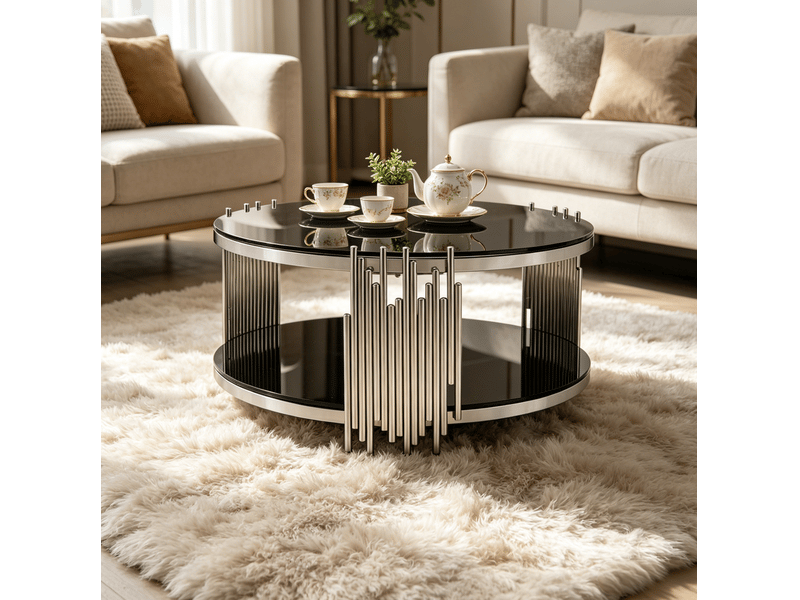  Table basse ronde de salon noire avec double plateau en verre trempe, structure argent, rangement 80 cm  - Conforama B