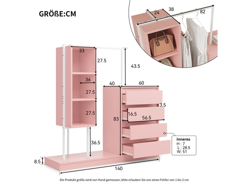  Armoire ouverte avec 4 tiroirs, étagères et penderie 140 x 40 x 135 cm rose  - Conforama C