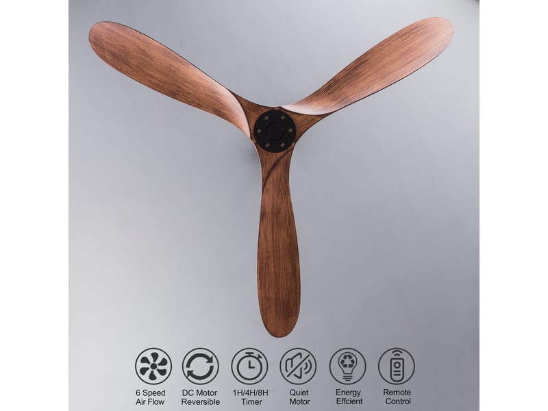 Ventilateur de plafond 132 cm sans éclairage 3 pales abs noir et noyer foncé réversible 6 vitesses télécommande silencieux - Conforama E