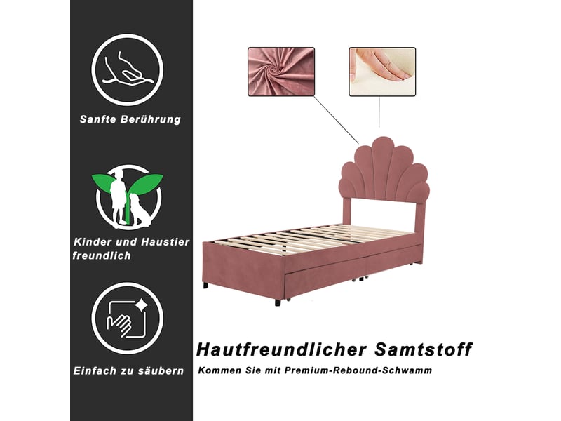 Lit enfant 90x200 cm, tiroirs, espace de rangement, tête de lit réglable, sommier, velours rose foncé, sans matelas  - Conforama D
