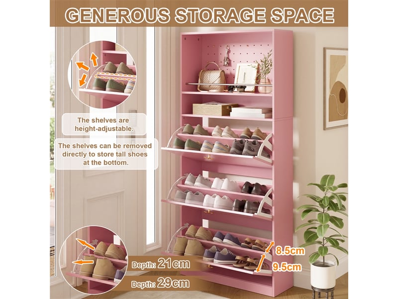  Meuble à chaussures 80 x 24 x 178,5 cm – 3 abattants modulables et panneau perforé – mdf - rose  - Conforama E