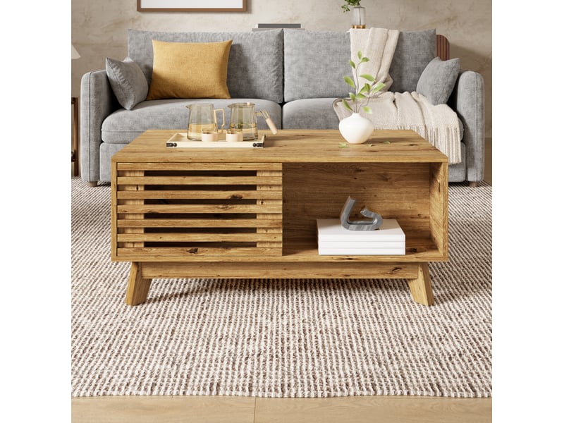 Table basse relevable avec porte coulissante et rangement modulable, style rétro moderne, en mdf naturel 90 × 55 × 57,5 cm - Conforama D